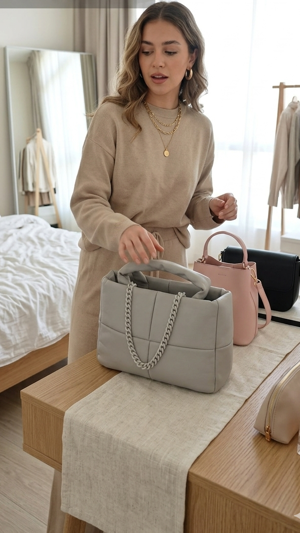 Quilted Leather Handbag with Chain Strap & Detachable Shoulder Belt (Available in Pink, Grey and Orange Variants)