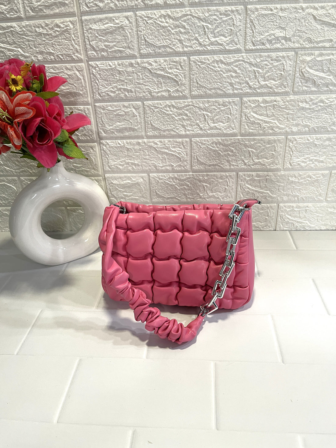 Pink Ruched Leather Crossbody Bag
