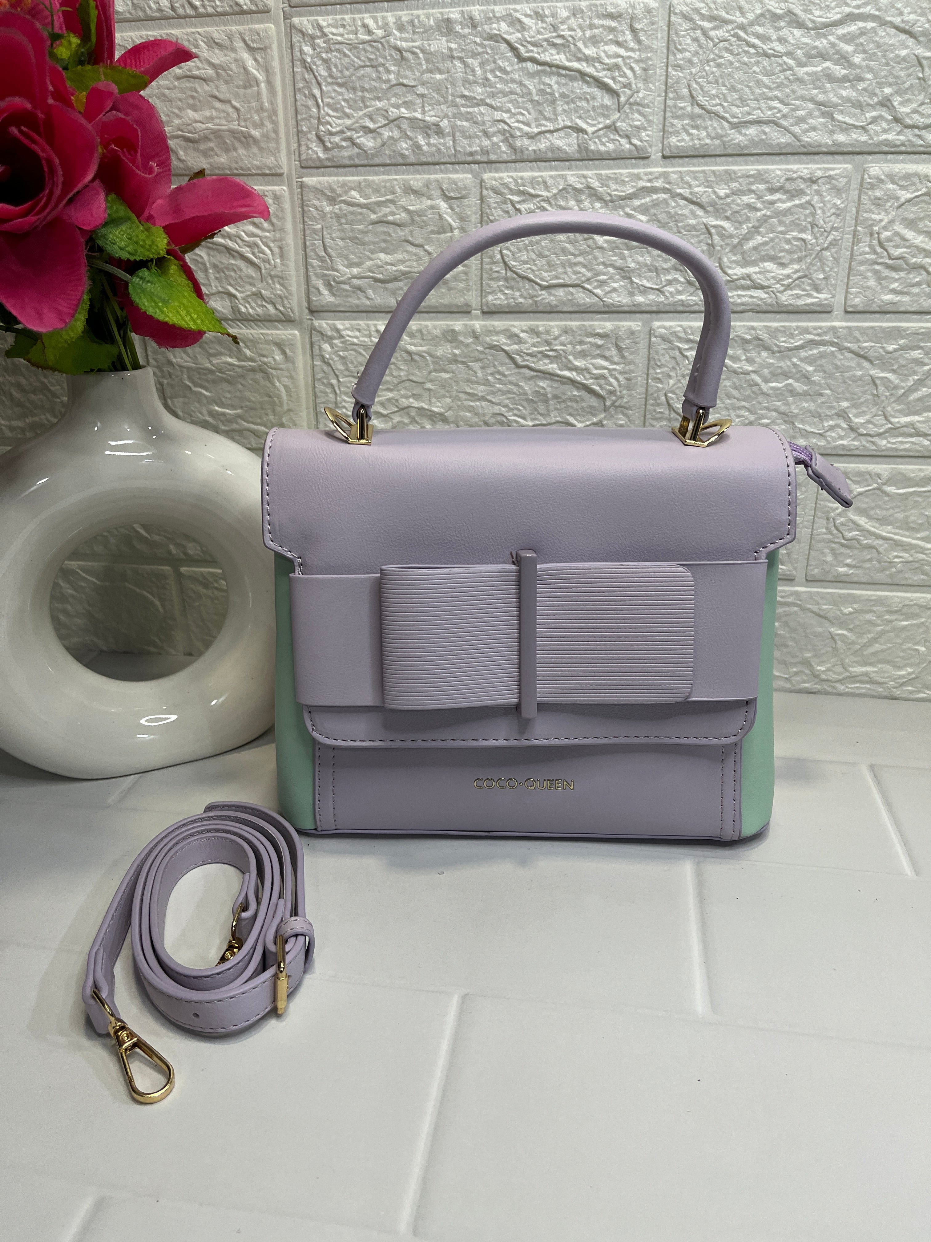 Gorgeous Two-Tone Handbag — Lavender & Mint Green “COCO QUEEN” Mini Top-Handle Bag