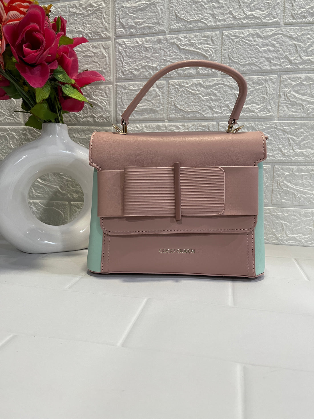 Gorgeous Two-Tone Handbag — Lavender & Mint Green “COCO QUEEN” Mini Top-Handle Bag