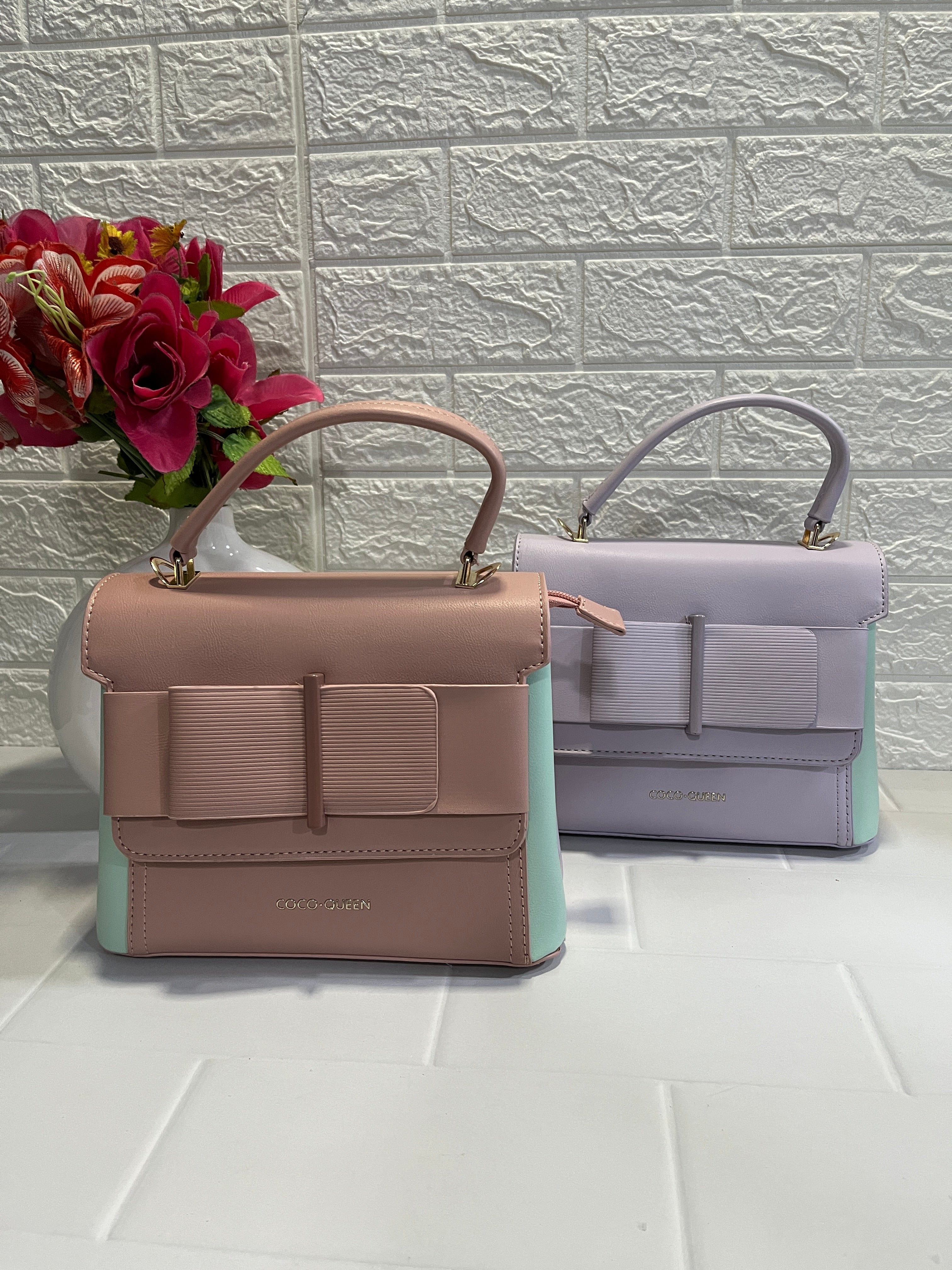 Gorgeous Two-Tone Handbag — Lavender & Mint Green “COCO QUEEN” Mini Top-Handle Bag