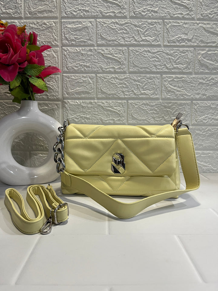 Quilted Pale Yellow Leather Shoulder / Crossbody Bag