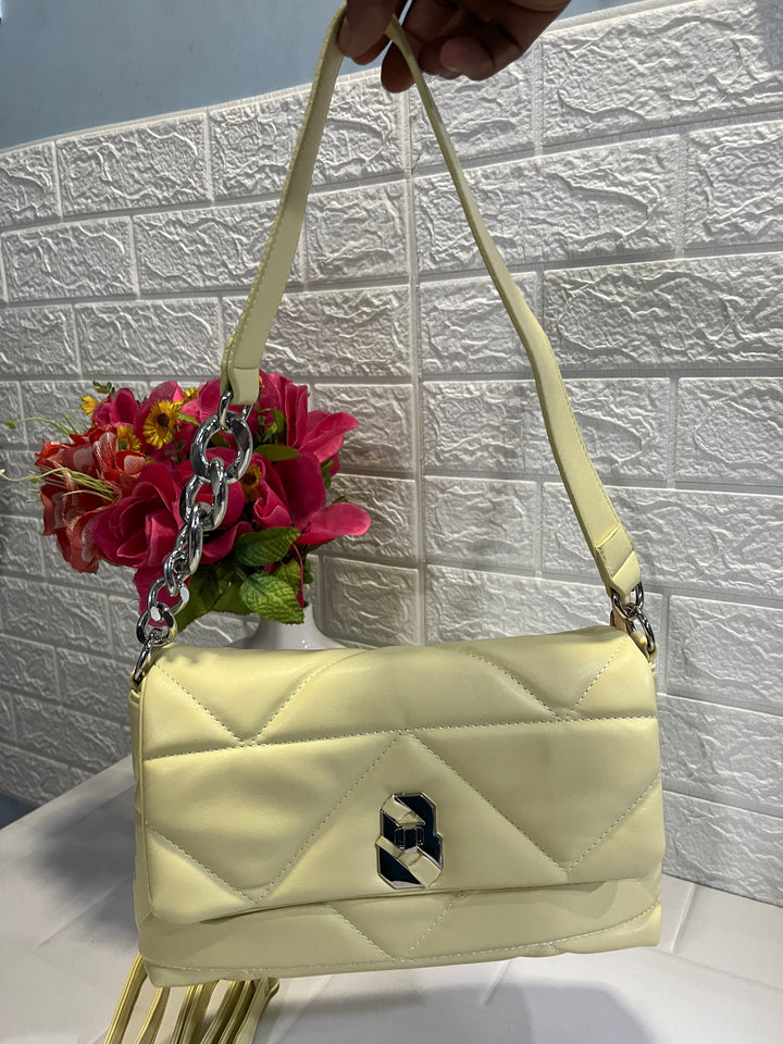 Quilted Pale Yellow Leather Shoulder / Crossbody Bag
