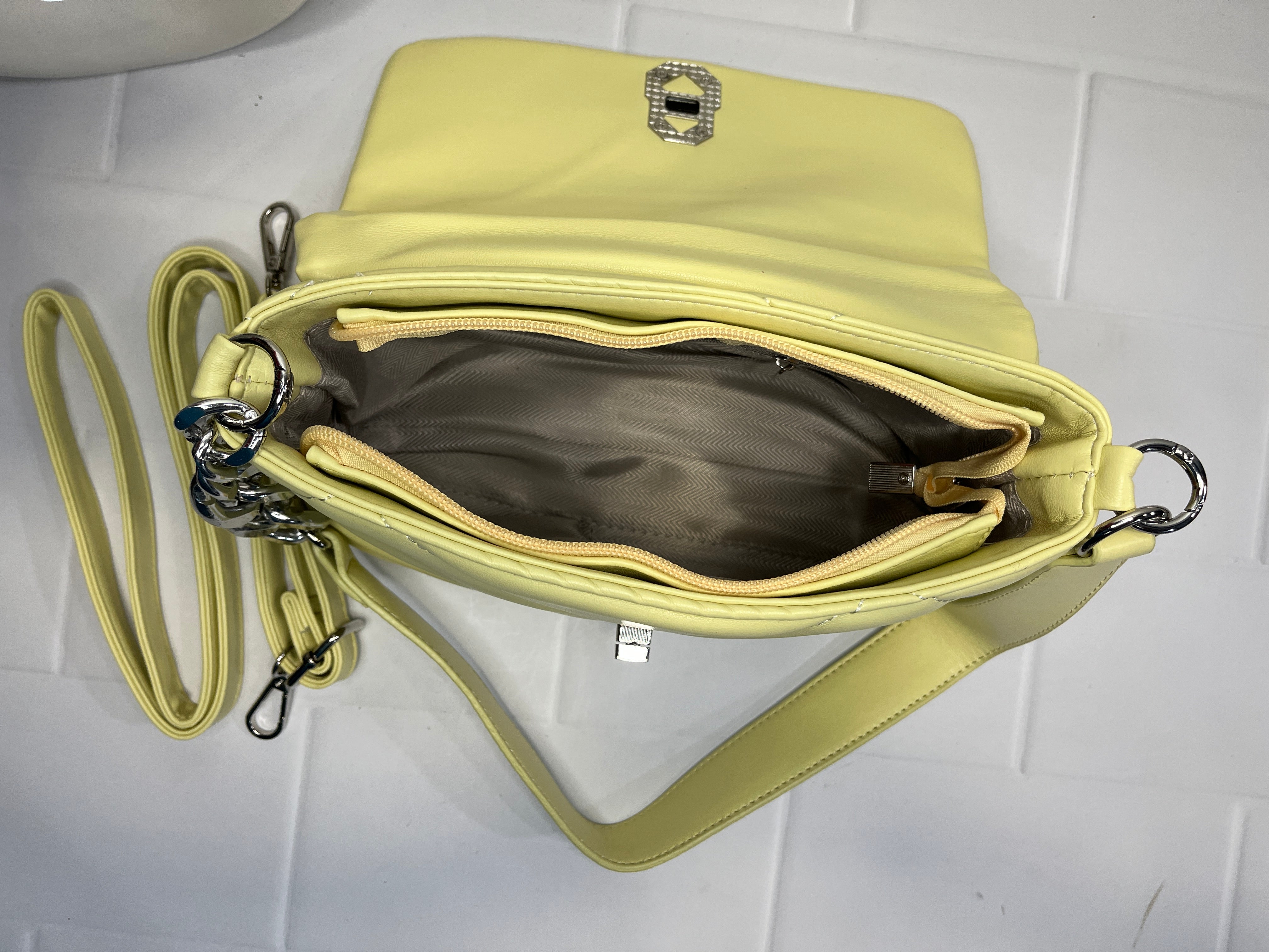 Quilted Pale Yellow Leather Shoulder / Crossbody Bag