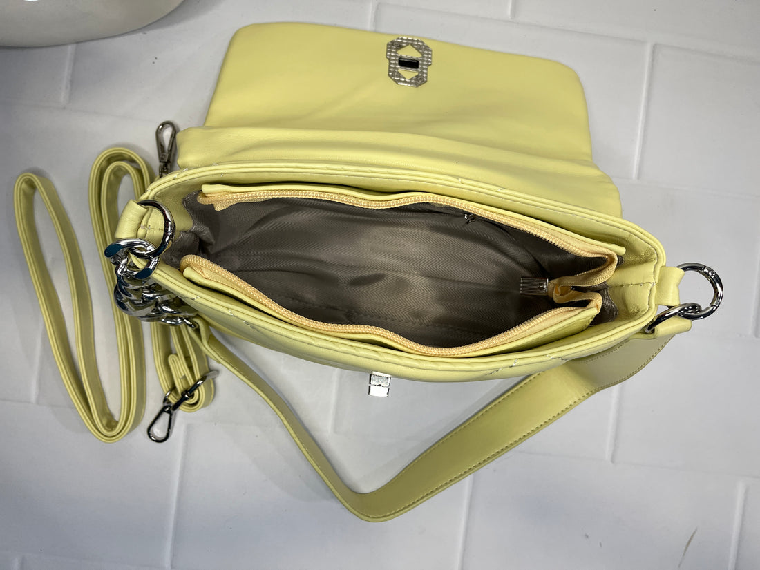 Quilted Pale Yellow Leather Shoulder / Crossbody Bag