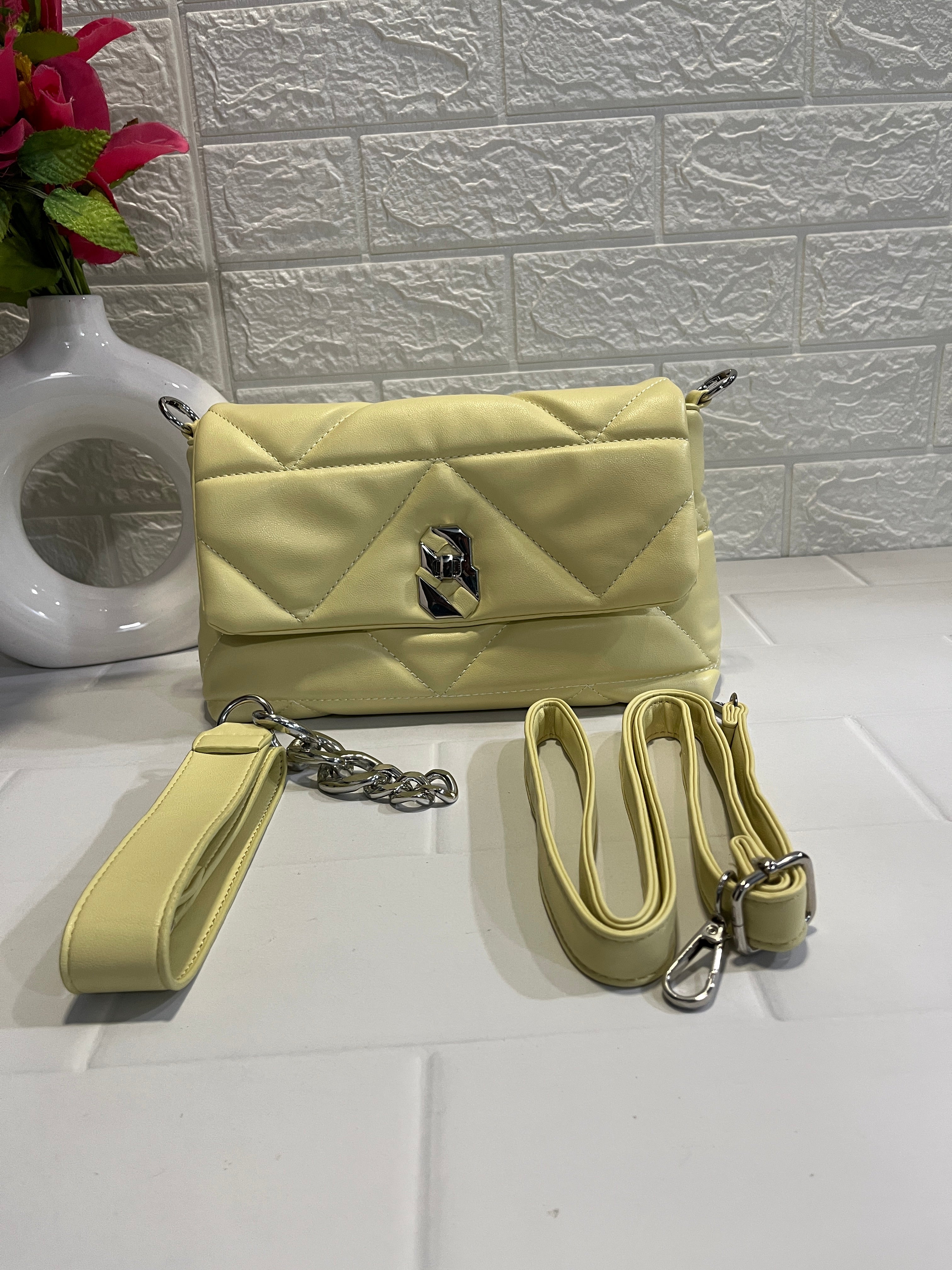 Quilted Pale Yellow Leather Shoulder / Crossbody Bag