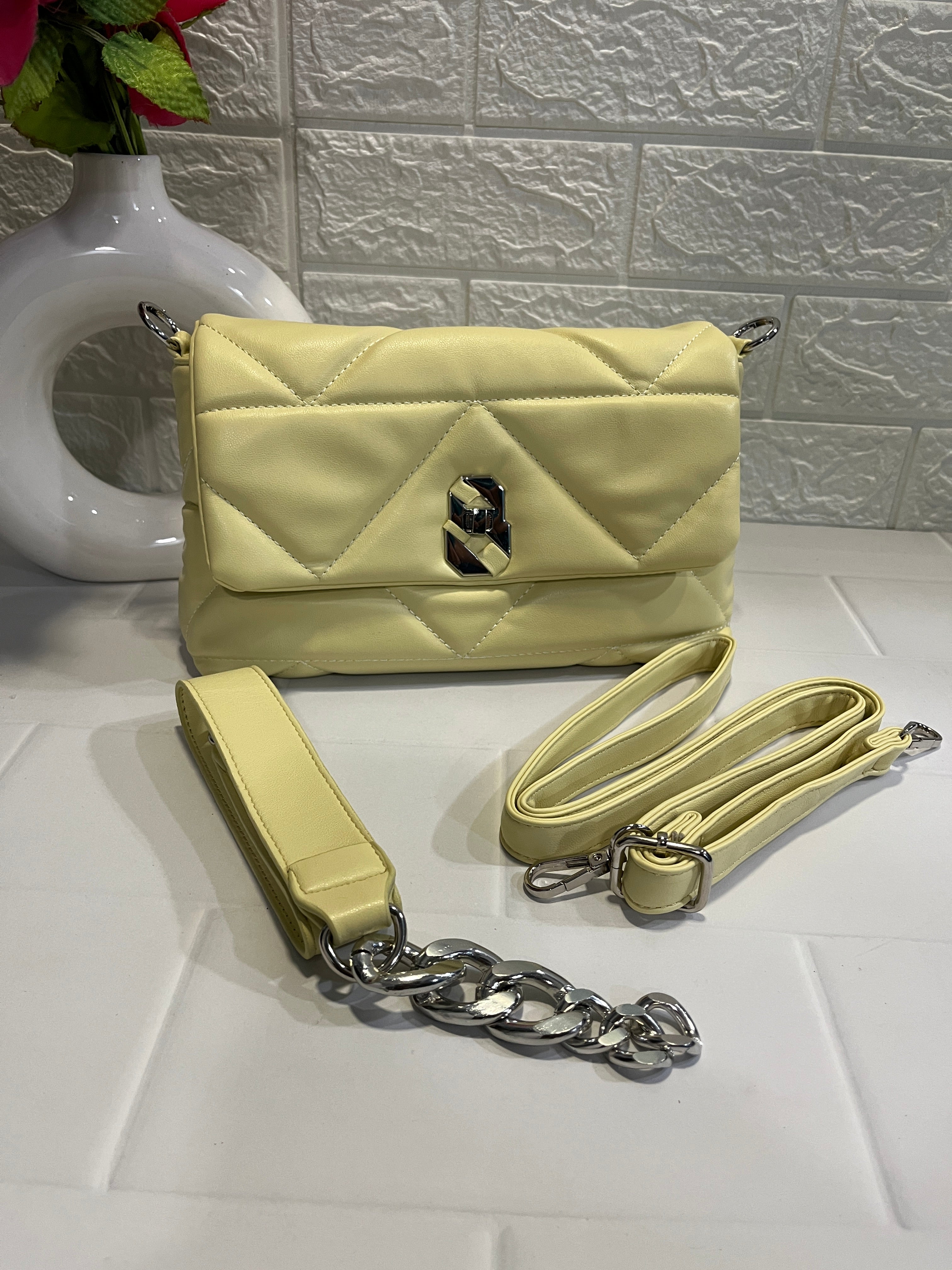 Quilted Pale Yellow Leather Shoulder / Crossbody Bag