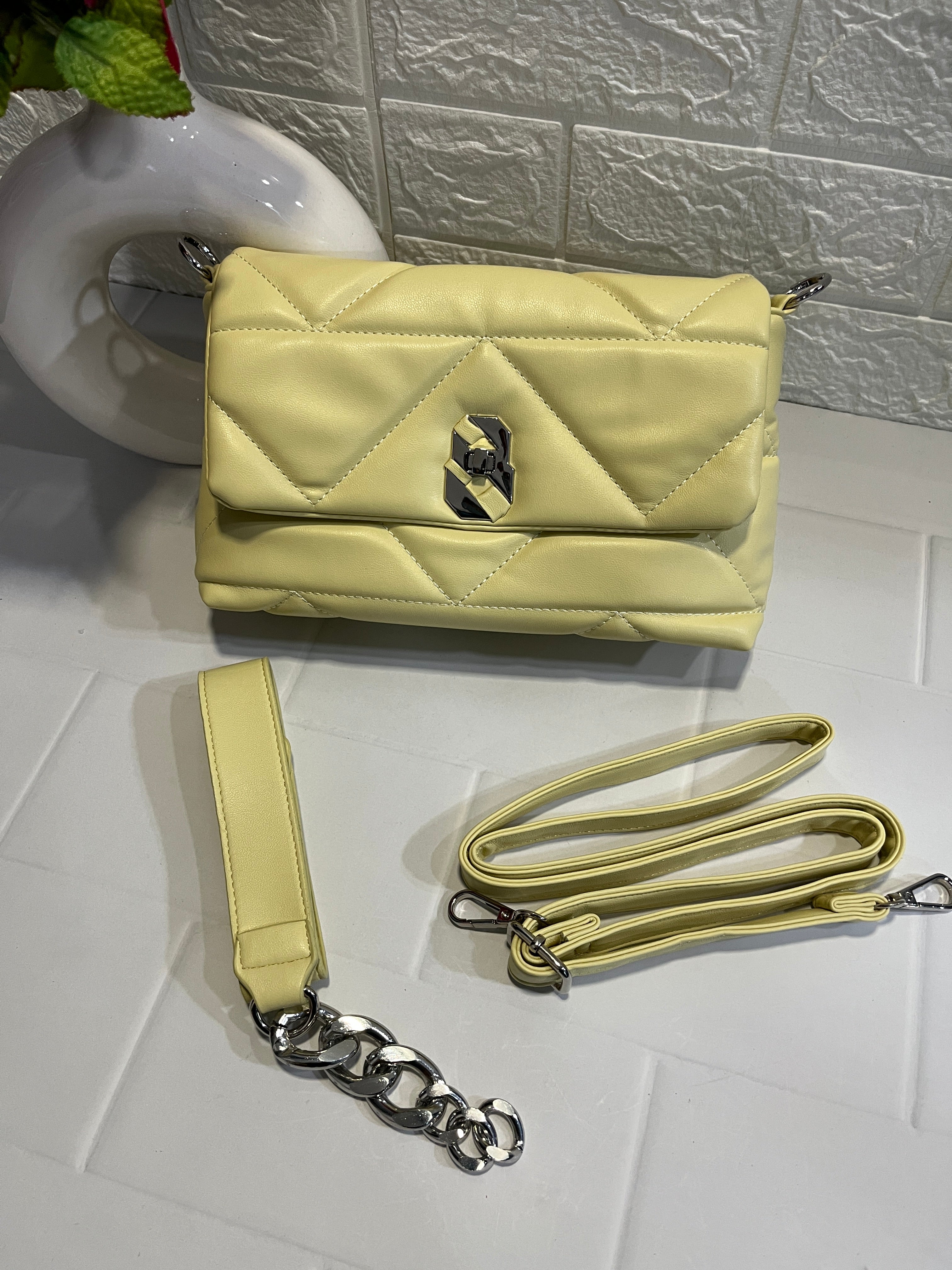 Quilted Pale Yellow Leather Shoulder / Crossbody Bag