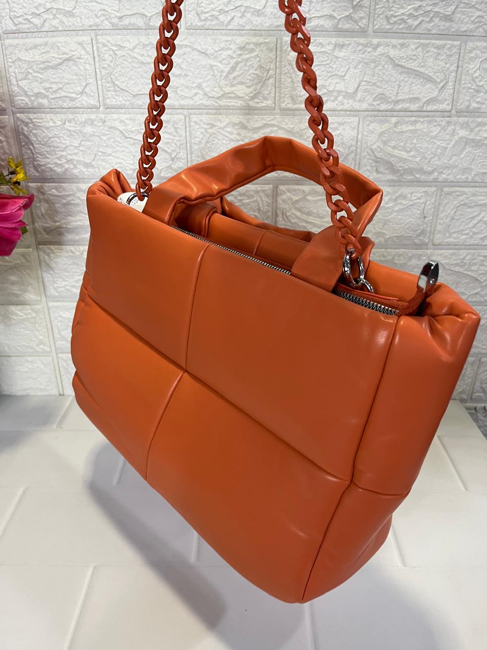 Quilted Leather Handbag with Chain Strap & Detachable Shoulder Belt (Available in Pink, Grey and Orange Variants)