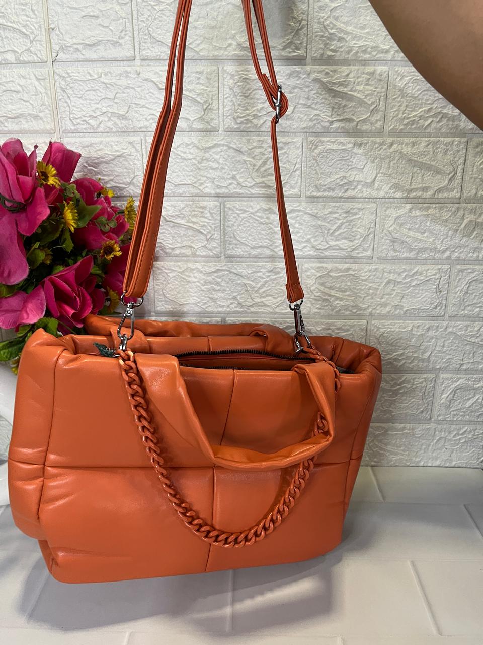Quilted Leather Handbag with Chain Strap & Detachable Shoulder Belt (Available in Pink, Grey and Orange Variants)